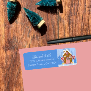 Gingerbread House Blue Return Address Labels