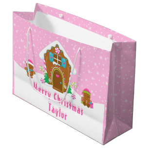 Gingerbread House Bright Pink Merry Christmas Large Gift Bag