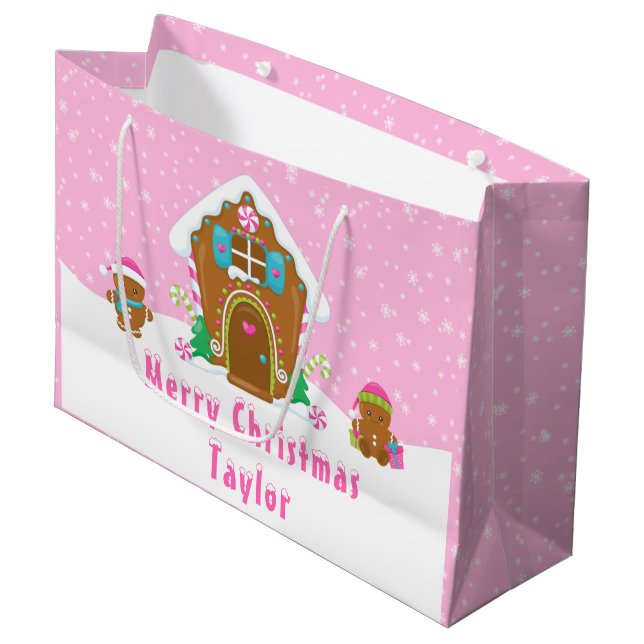 Gingerbread House Bright Pink Merry Christmas Large Gift Bag (Front Angled)
