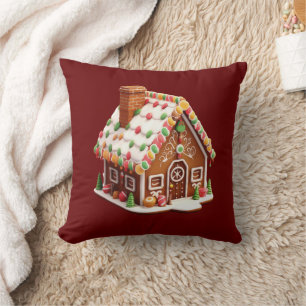 Gingerbread House Burgundy Red Christmas Holiday Cushion