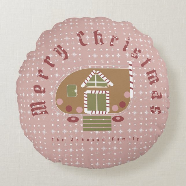 Gingerbread House Camper Family Name Round Cushion (Front)