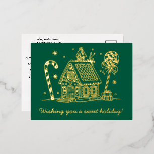 Gingerbread House Candy Cane Green Foil Holiday Postcard
