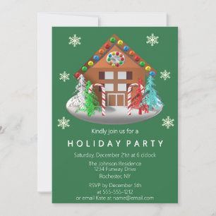 Gingerbread House Candy Cane Green Holiday Party Invitation