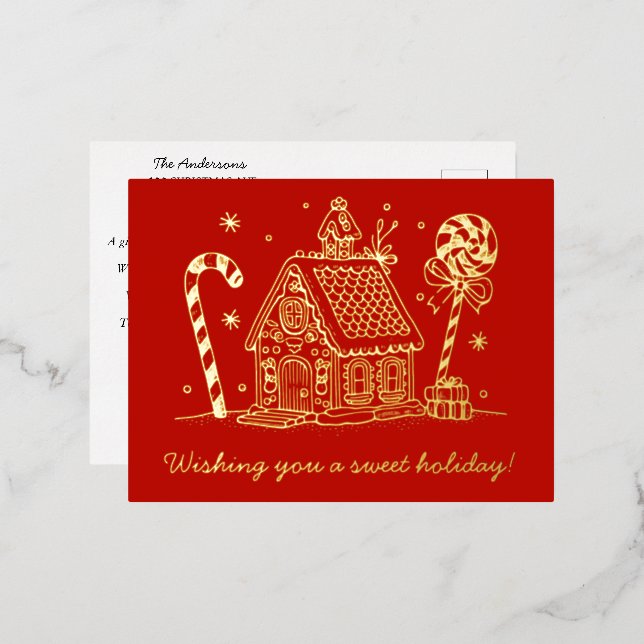 Gingerbread House | Candy Cane Red Foil Holiday Postcard (Front/Back)