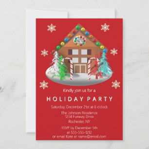 Gingerbread House Candy Cane Red Holiday Party Invitation