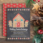 Gingerbread House Christmas Cookie Exchange Party  Invitation<br><div class="desc">A cute, whimsical gingerbread house, gingerbread girl and boy, stars, hearts and candies, along with playful script typography, overlay a dark charcoal gray chalkboard background and help you usher in the holiday party season. A peppermint candy pattern over a red background adorns the back. Celebrate with family and friends while...</div>