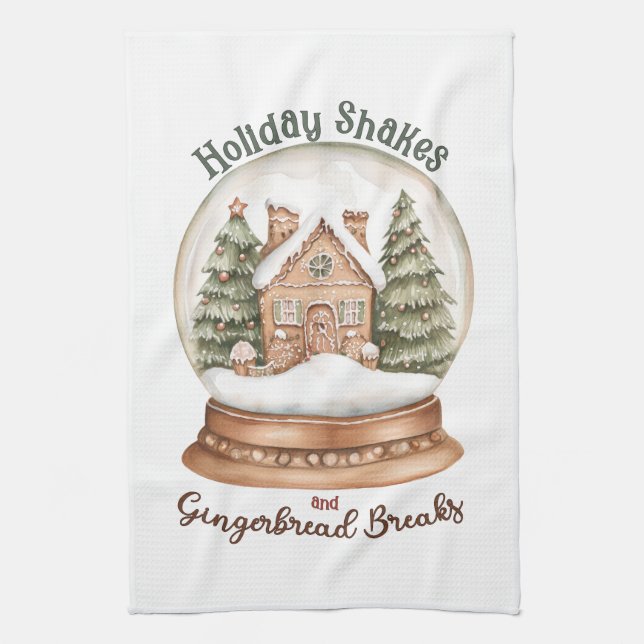 Gingerbread House Christmas Holiday Snow Globe Tea Towel (Vertical)