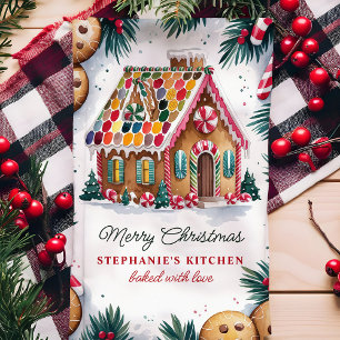 Gingerbread House Christmas Personalised Tea Towel