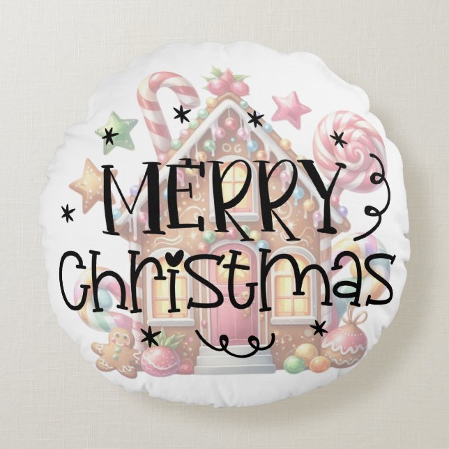 Gingerbread house Christmas Round Cushion (Front)