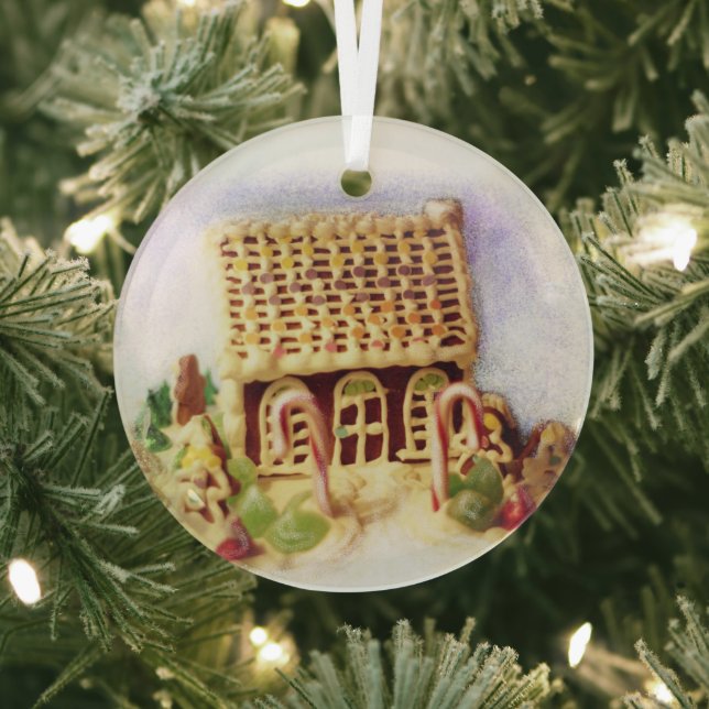Gingerbread House Circle Glass Tree Decoration (Insitu)
