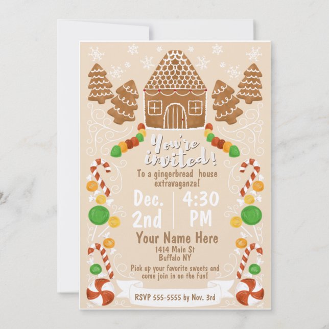 Gingerbread House Colourful Christmas Candy Invitation (Front)