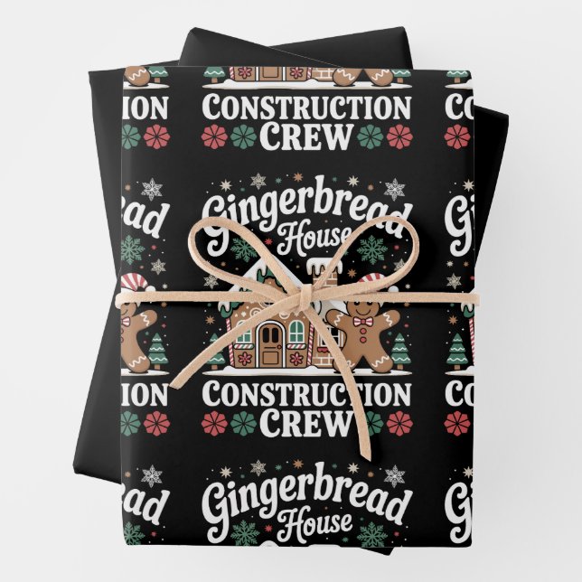 Gingerbread House Construction Crew Christmas Xmas Wrapping Paper Sheet (In situ)