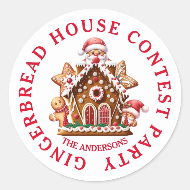 Gingerbread House Contest Party White & Red Classic Round Sticker (Front)