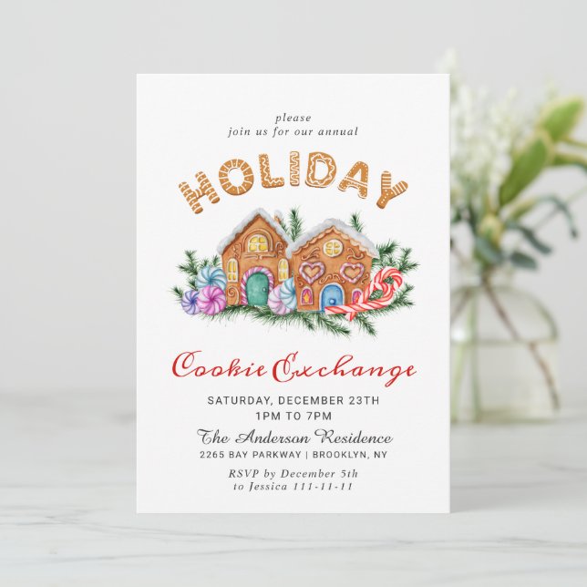 Gingerbread House Cookie Exchange Christmas Invitation (Standing Front)