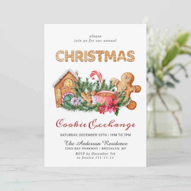 Gingerbread House Cookie Exchange Christmas Party Invitation (Standing Front)