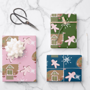 Gingerbread House Cookies Pink Snowflakes Wrapping Paper Sheet