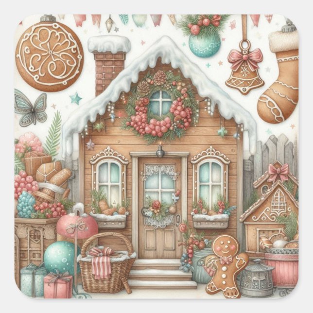 Gingerbread House & Cookies Square Sticker (Front)
