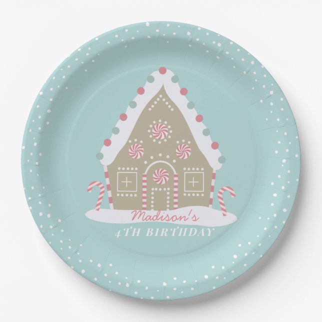 Gingerbread House Decorating Birthday Blue Paper Plate (Front)