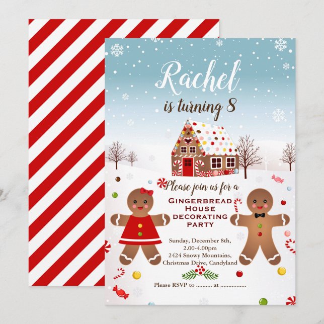 Gingerbread house decorating birthday party invite (Front/Back)