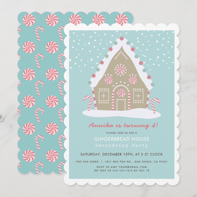 Gingerbread House Decorating Blue Birthday Party Invitation (Front/Back)