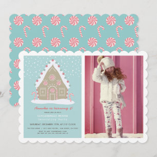Gingerbread House Decorating Blue Birthday Photo Invitation