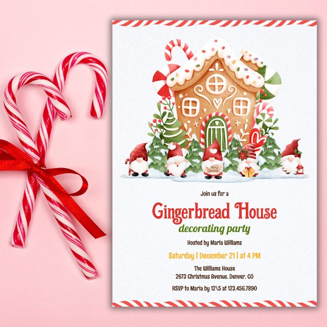 Gingerbread House Decorating Christmas Party Invitation (Gingerbread House Decorating Party – Cute Gnomes, Candy Cane, Personalized)
