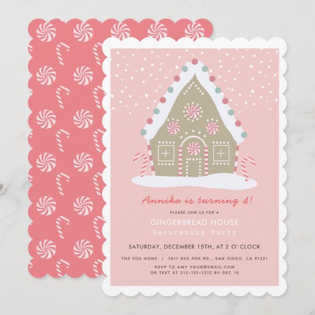 Gingerbread House Decorating Pink Birthday Party Invitation (Front/Back)