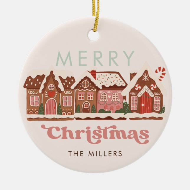 Gingerbread House Modern Merry Christmas Ceramic Tree Decoration (Front)