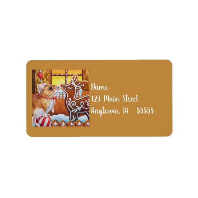 Gingerbread House Mouse & Reindeer Watercolor Art Label (Front)