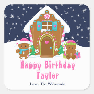 Gingerbread House Navy and Pink Happy Birthday Square Sticker