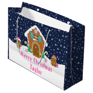 Gingerbread House Navy and Pink Merry Christmas Large Gift Bag