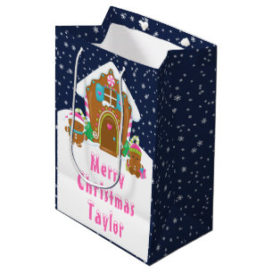 Gingerbread House Navy and Pink Merry Christmas Medium Gift Bag