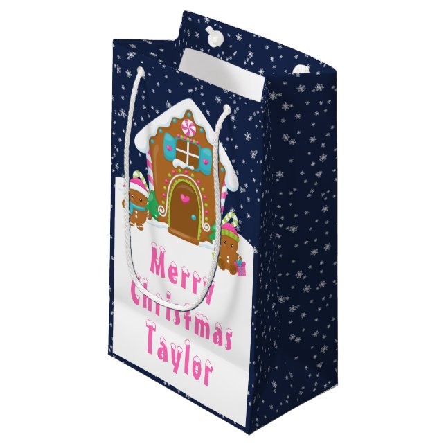 Gingerbread House Navy and Pink Merry Christmas Small Gift Bag (Front Angled)