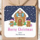Gingerbread House Navy and Pink Merry Christmas Square Sticker<br><div class="desc">This cute and festive Merry Christmas sticker can be personalised with a name, relation or title. It features a cute gingerbread house decorated with pink and green candy. Beside it are adorable gingerbread men with gifts, dressed in Santa hats and a scarf. In the background is a navy blue winter...</div>