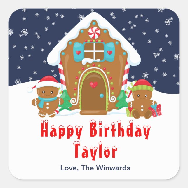 Gingerbread House Navy and Red Happy Birthday Square Sticker (Front)