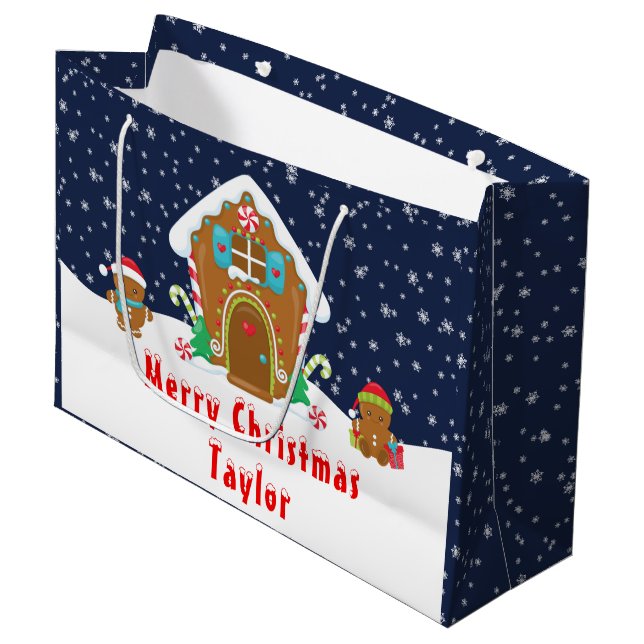 Gingerbread House Navy and Red Merry Christmas Large Gift Bag (Front Angled)