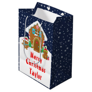 Gingerbread House Navy and Red Merry Christmas Medium Gift Bag
