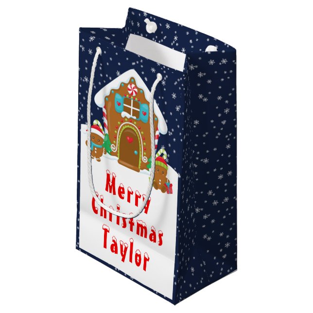 Gingerbread House Navy and Red Merry Christmas Small Gift Bag (Front Angled)