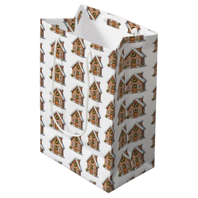 Gingerbread House Pattern Christmas Medium Gift Bag (Front Angled)
