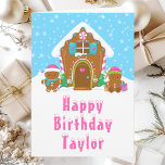 Gingerbread House Pink and Blue Happy Birthday Card<br><div class="desc">This cute and festive birthday card can be personalised with a name or title such as daughter, granddaughter, niece, friend etc. The design features a cute gingerbread house decorated with pink and green Christmas candy. Beside it are adorable gingerbread men with gifts, dressed in Santa hats and a scarf. In...</div>