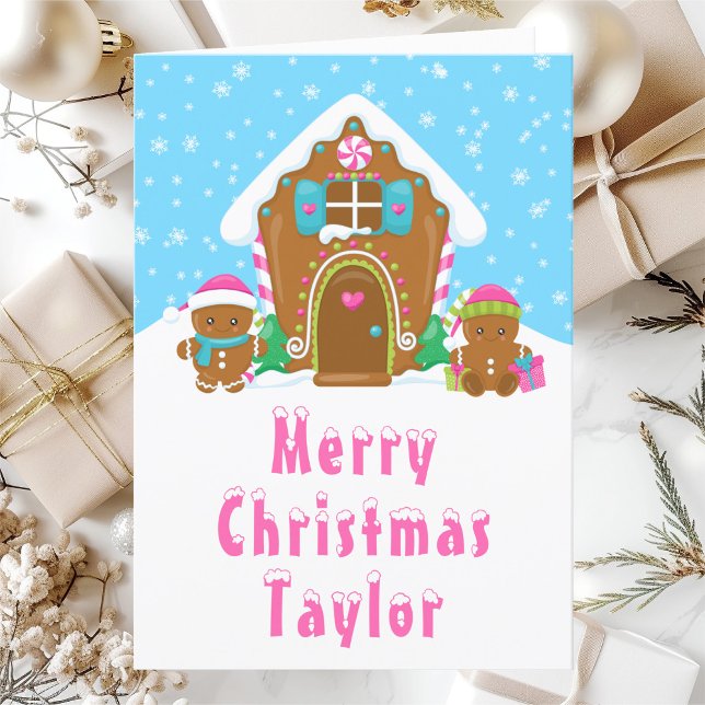 Gingerbread House Pink and Blue Merry Christmas Holiday Card (Creator Uploaded)