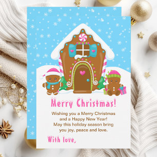 Gingerbread House Pink and Blue Merry Christmas Holiday Card