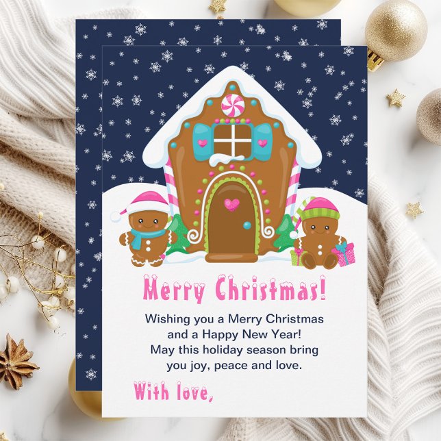 Gingerbread House Pink and Navy Merry Christmas Holiday Card (Creator Uploaded)
