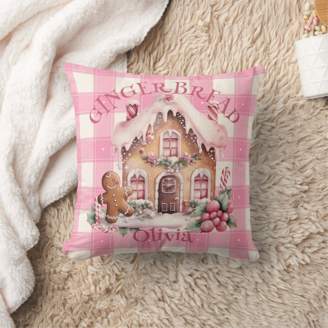 Gingerbread House Pink Chequered Custom Cushion (Blanket)