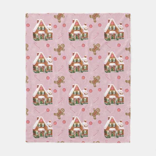 Gingerbread House Pink Christmas Fleece Blanket (Front)