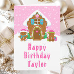 Gingerbread House Pink Happy Birthday Card<br><div class="desc">This cute and festive birthday card can be personalised with a name or title such as daughter, granddaughter, niece, friend etc. The design features a cute gingerbread house decorated with pink and green Christmas candy. Beside it are adorable gingerbread men with gifts, dressed in Santa hats and a scarf. In...</div>