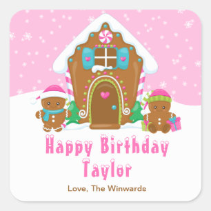 Gingerbread House Pink Happy Birthday Square Sticker