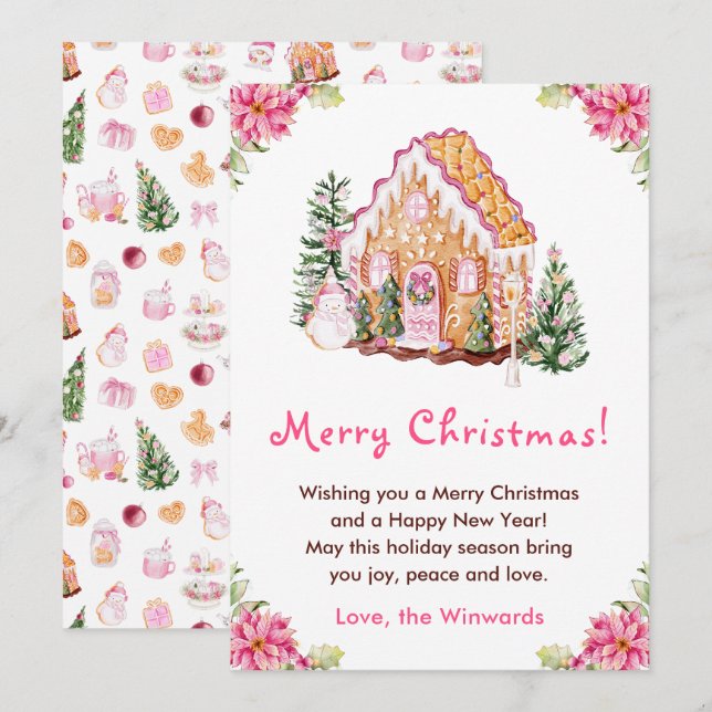 Gingerbread House Pink Merry Christmas Holiday Card (Front/Back)