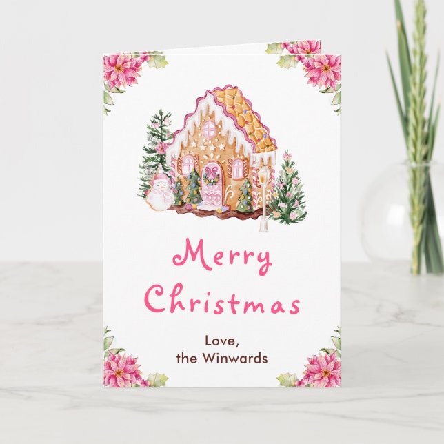 Gingerbread House Pink Merry Christmas Holiday Card (Front)