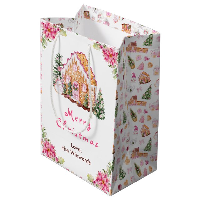 Gingerbread House Pink Merry Christmas Medium Gift Bag (Back Angled)